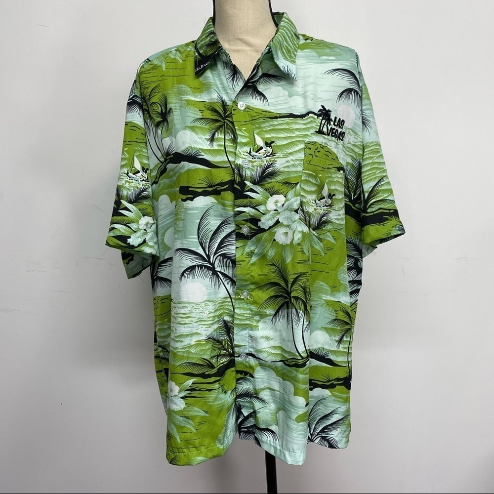 HanTon green & blue Hawaiian island shirt